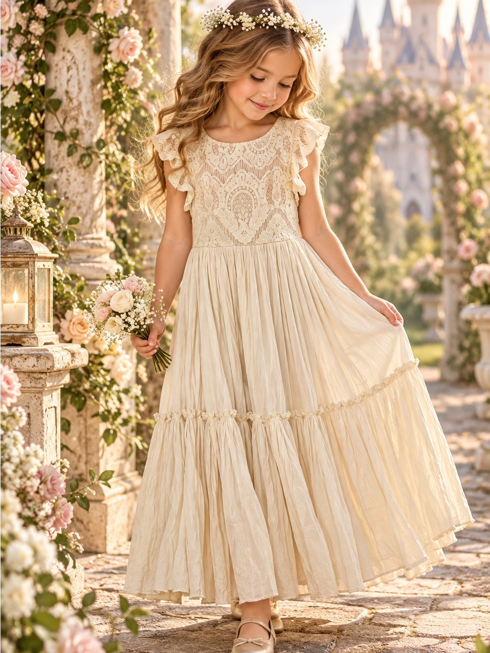 Joyfolie Macy Dress Girls 7 Cream Lace Maxi Boho Flower Girl NWT